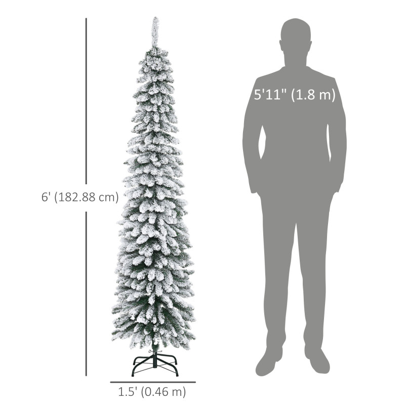 6 Ft Snow-Flocked Artificial Christmas Tree, Slim Pencil Xmas Tree with Realistic Branches, Metal Base, Green