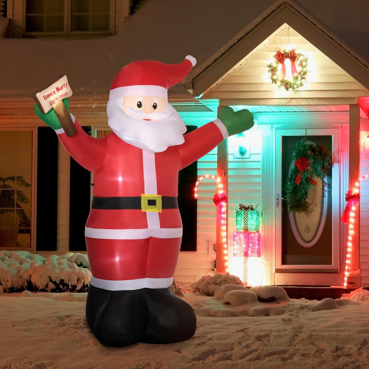 8ft Inflatable Christmas Santa Claus Holds Light Sign of Blessings, Blow-Up Outdoor LED Yard Display for Lawn Garden Party