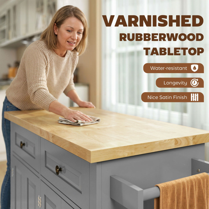 Kitchen Island with Storage, Rolling Trolley Cart with Rubber Wood Top, Spice Rack, Towel Rack, Grey
