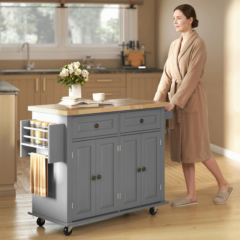 Kitchen Island with Storage, Rolling Trolley Cart with Rubber Wood Top, Spice Rack, Towel Rack, Grey