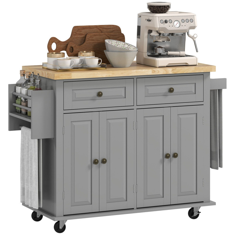 Kitchen Island with Storage, Rolling Trolley Cart with Rubber Wood Top, Spice Rack, Towel Rack, Grey