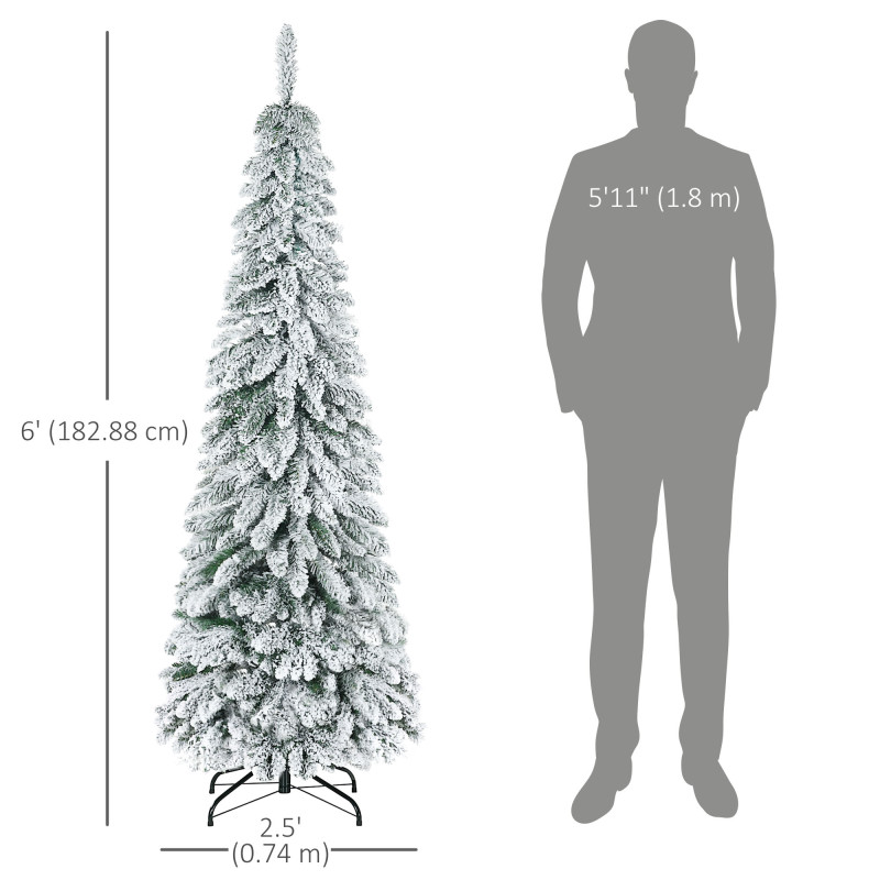 6' Artificial Slim Flocked Christmas Trees, with Snow Frosted Branches, Downswept Shape, Steel Base