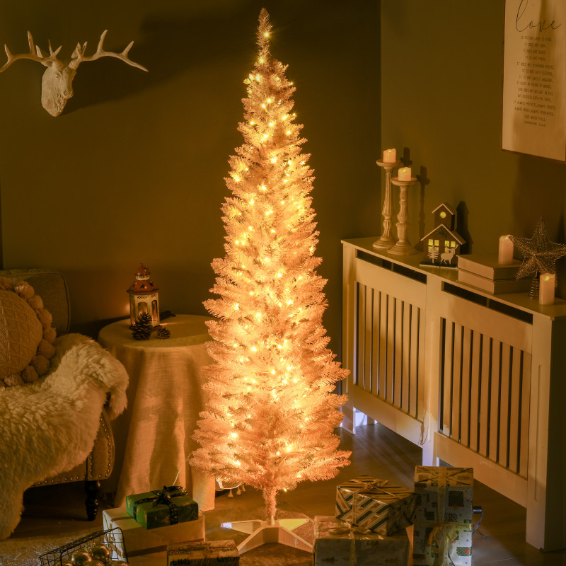 6' Pre Lit Artificial Pencil Christmas Trees, Xmas Tree with Realistic Branches and Warm White LED Lights, Pink
