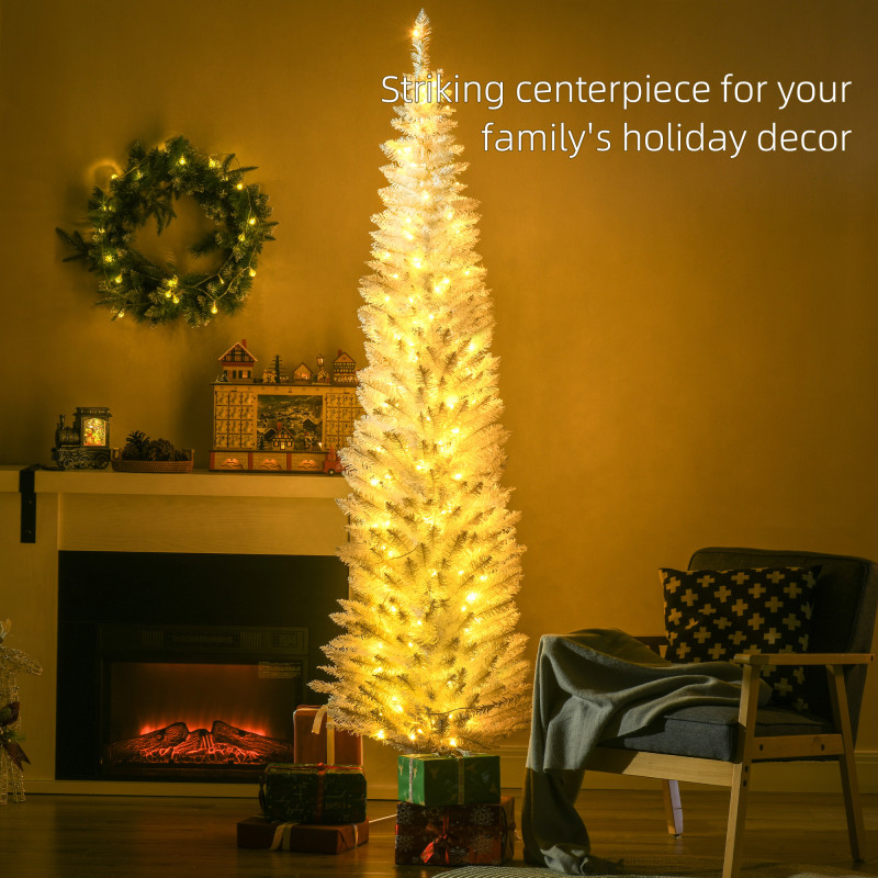 7' Pre Lit Artificial Pencil Christmas Trees, Xmas Tree with Realistic Branches and Warm White LED Lights, White