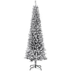 6ft Flocked Christmas Tree, Pencil Christmas Tree with Realistic Branch Tips, Folding Metal Stand, Black