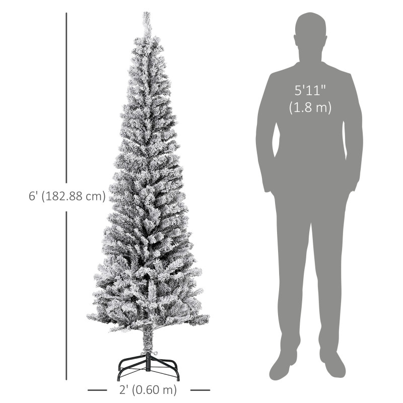 6ft Flocked Christmas Tree, Pencil Christmas Tree with Realistic Branch Tips, Folding Metal Stand, Black