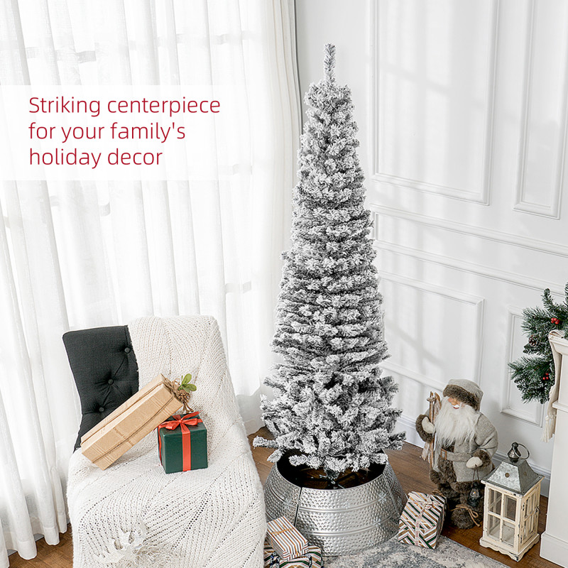 6ft Flocked Christmas Tree, Pencil Christmas Tree with Realistic Branch Tips, Folding Metal Stand, Black