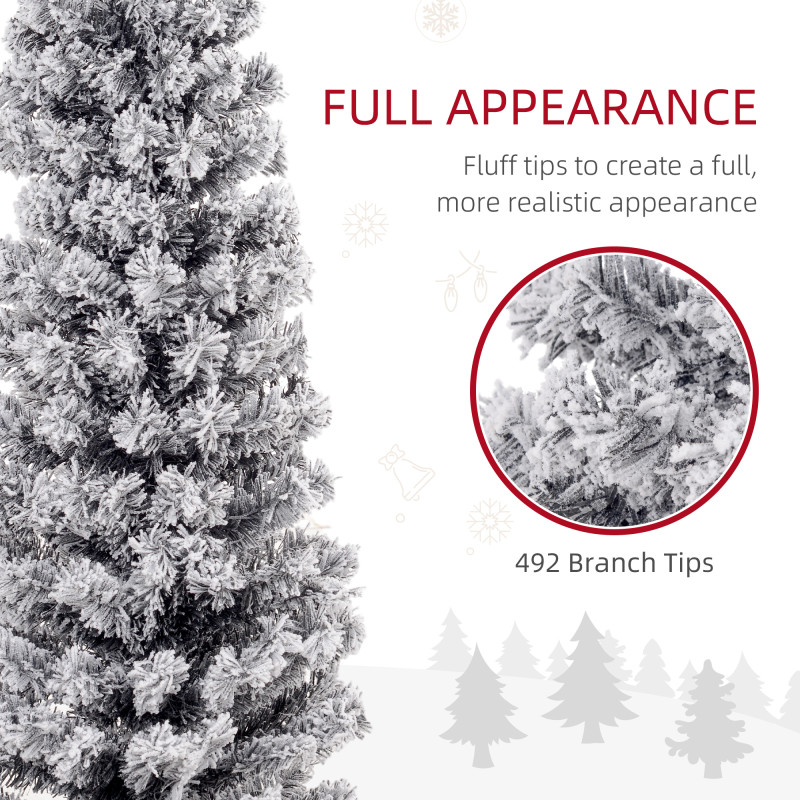 6ft Flocked Christmas Tree, Pencil Christmas Tree with Realistic Branch Tips, Folding Metal Stand, Black