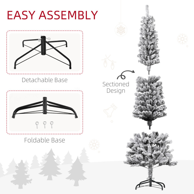 6ft Flocked Christmas Tree, Pencil Christmas Tree with Realistic Branch Tips, Folding Metal Stand, Black
