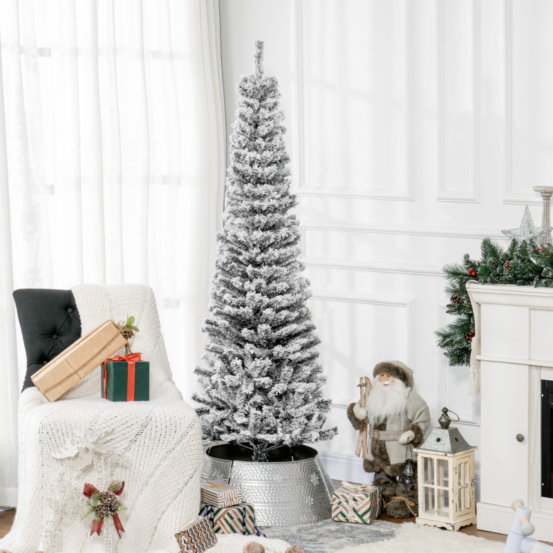 6ft Flocked Christmas Tree, Pencil Christmas Tree with Realistic Branch Tips, Folding Metal Stand, Black