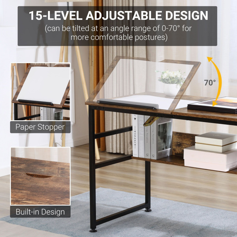 Adjustable Drafting Table Art Desk Drawing Table Craft Desk Workstation for Painting Multifunctional Writing Desk with Tiltable Tabletop and Storage Shelf Rustic Brown
