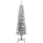 5ft Flocked Christmas Tree, Pencil Christmas Tree with Realistic Branch Tips, Folding Metal Stand, Green