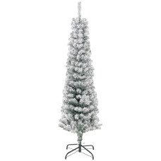 5ft Flocked Christmas Tree, Pencil Christmas Tree with Realistic Branch Tips, Folding Metal Stand, Green