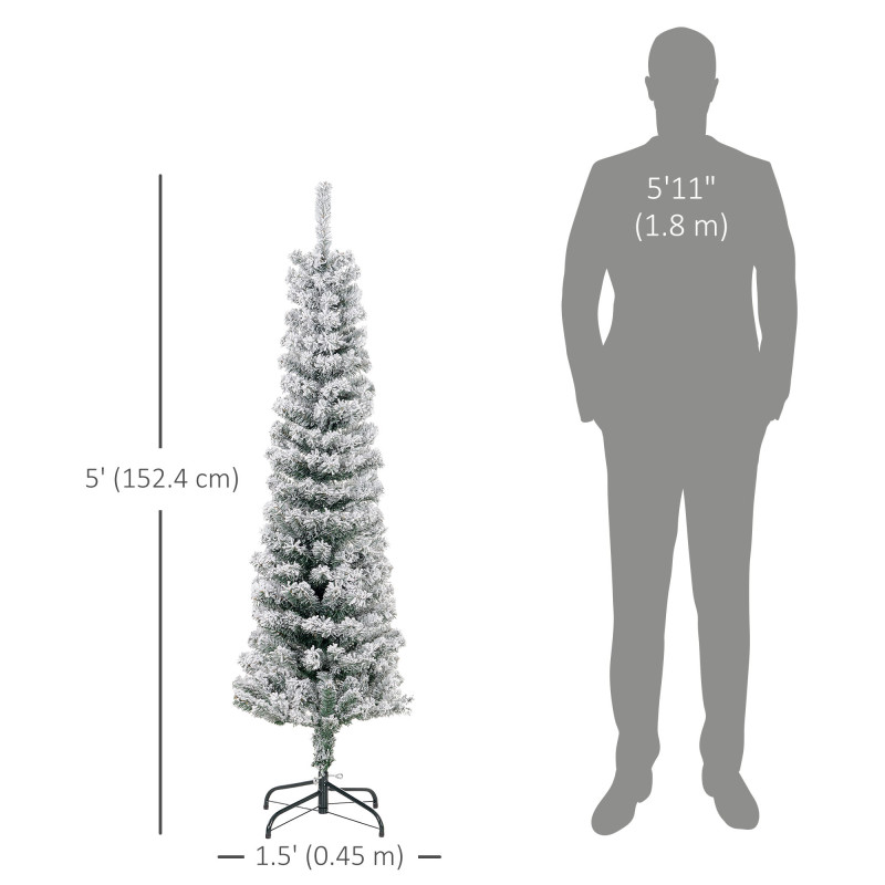 5ft Flocked Christmas Tree, Pencil Christmas Tree with Realistic Branch Tips, Folding Metal Stand, Green