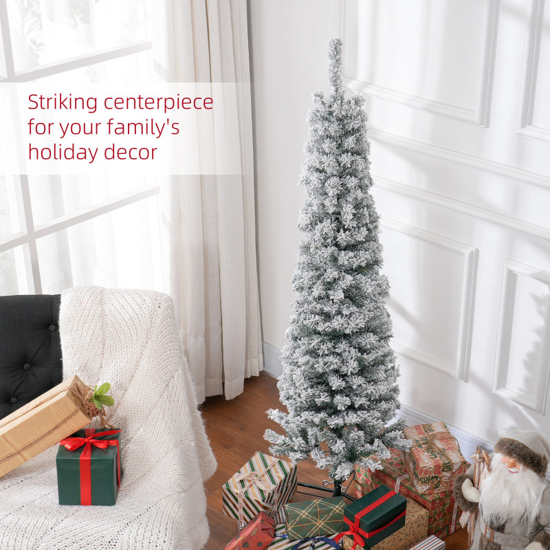 5ft Flocked Christmas Tree, Pencil Christmas Tree with Realistic Branch Tips, Folding Metal Stand, Green