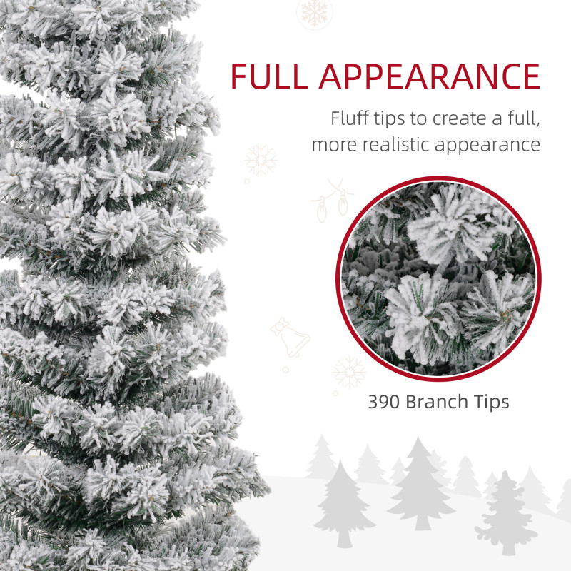 5ft Flocked Christmas Tree, Pencil Christmas Tree with Realistic Branch Tips, Folding Metal Stand, Green