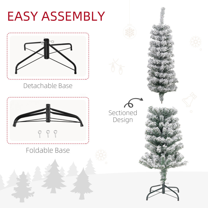 5ft Flocked Christmas Tree, Pencil Christmas Tree with Realistic Branch Tips, Folding Metal Stand, Green