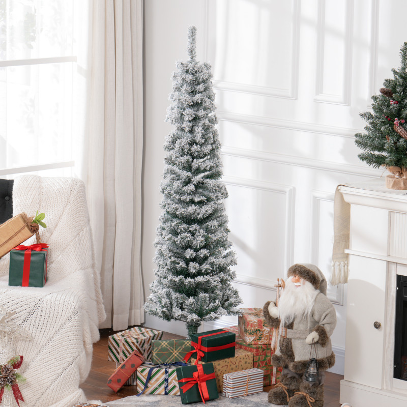 5ft Flocked Christmas Tree, Pencil Christmas Tree with Realistic Branch Tips, Folding Metal Stand, Green