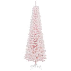 6ft Flocked Christmas Tree, Pencil Christmas Tree with Realistic Branch Tips, Folding Metal Stand, Pink