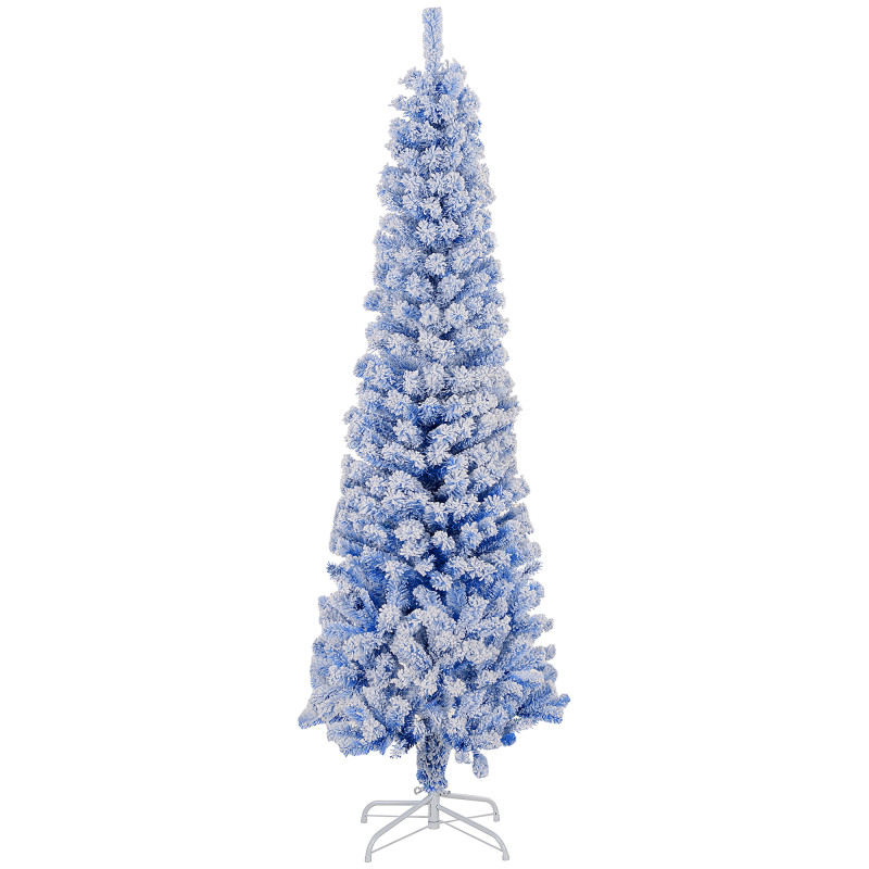 6ft Flocked Christmas Tree, Pencil Christmas Tree with Realistic Branch Tips, Folding Metal Stand, Blue