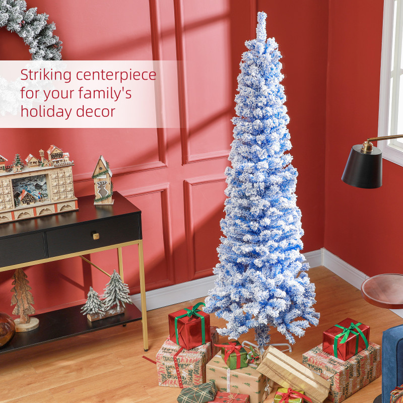 6ft Flocked Christmas Tree, Pencil Christmas Tree with Realistic Branch Tips, Folding Metal Stand, Blue