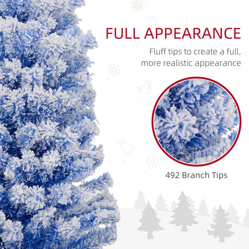 6ft Flocked Christmas Tree, Pencil Christmas Tree with Realistic Branch Tips, Folding Metal Stand, Blue