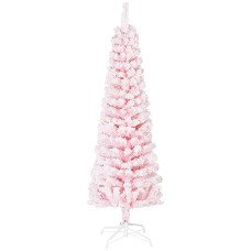 5ft Flocked Christmas Tree, Pencil Christmas Tree with Realistic Branch Tips, Folding Metal Stand, Pink