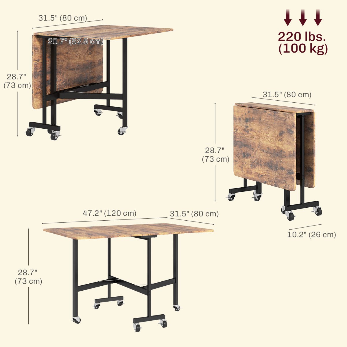 Six-Seater Drop-Leaf Dining Table with Wheels, Rustic Brown