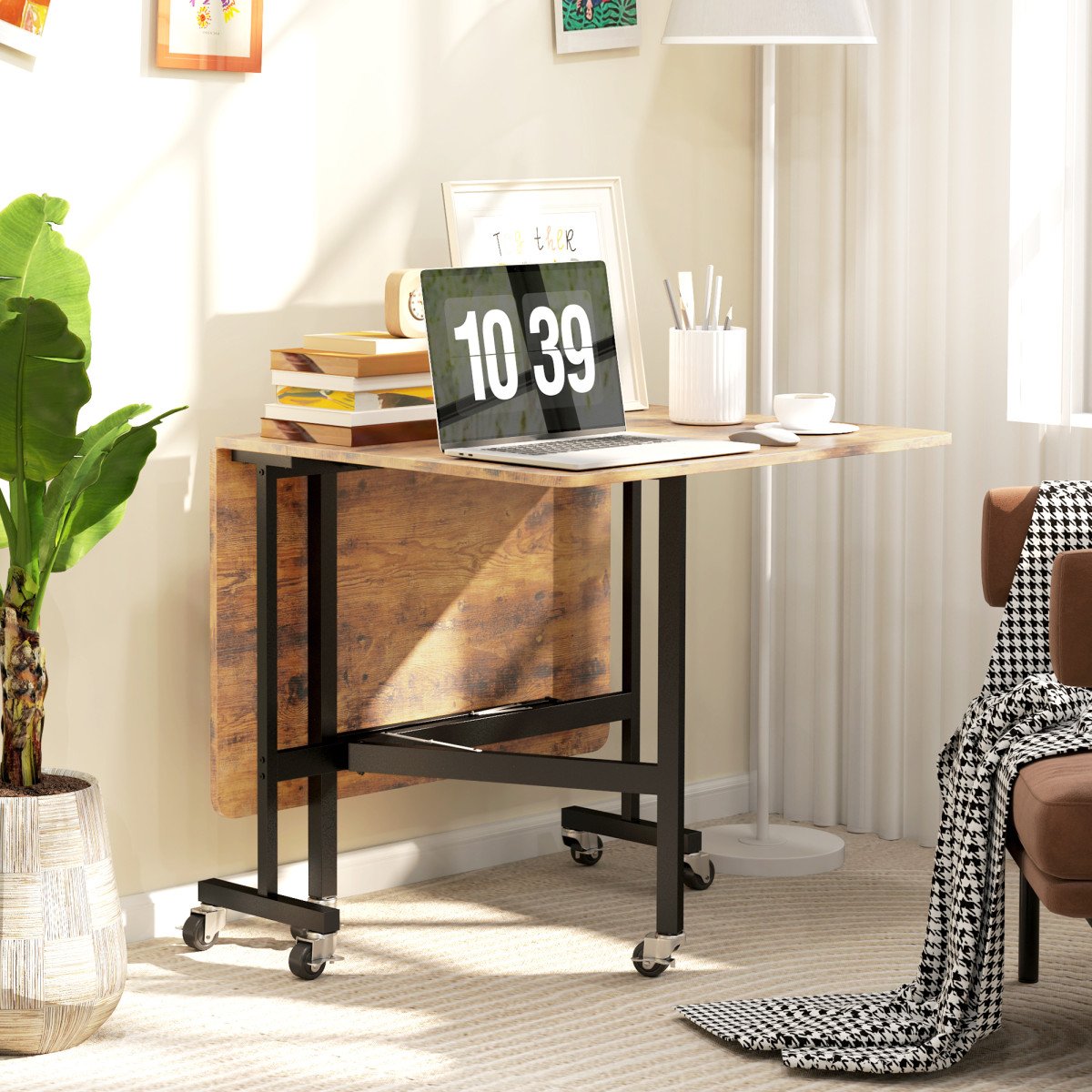 Six-Seater Drop-Leaf Dining Table with Wheels, Rustic Brown