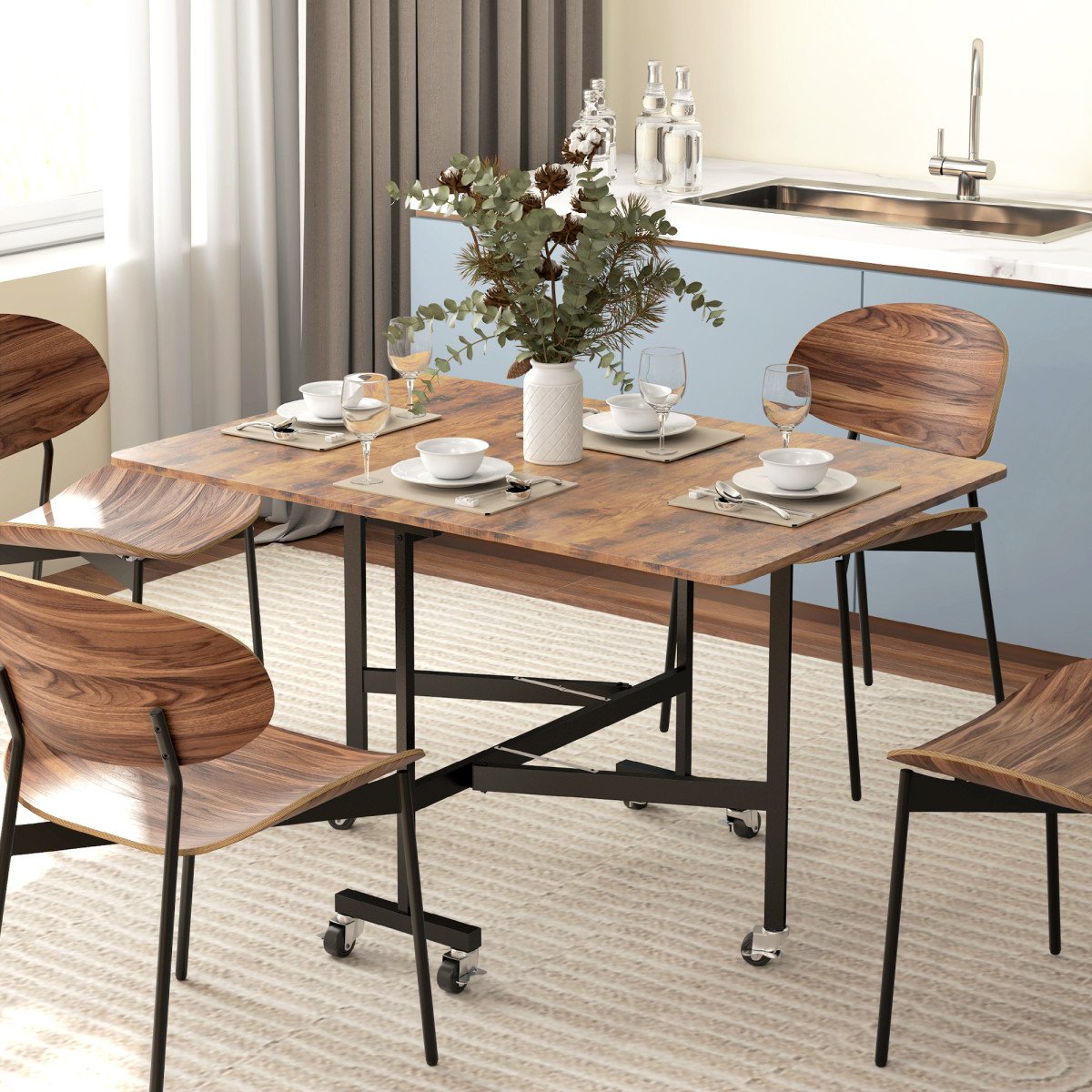 Six-Seater Drop-Leaf Dining Table with Wheels, Rustic Brown