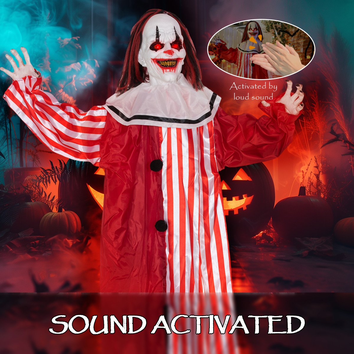 Life Size Halloween Animated Clown with Red Light Up Eyes, Sound Activated Scary Halloween Decorations, Battery Operated