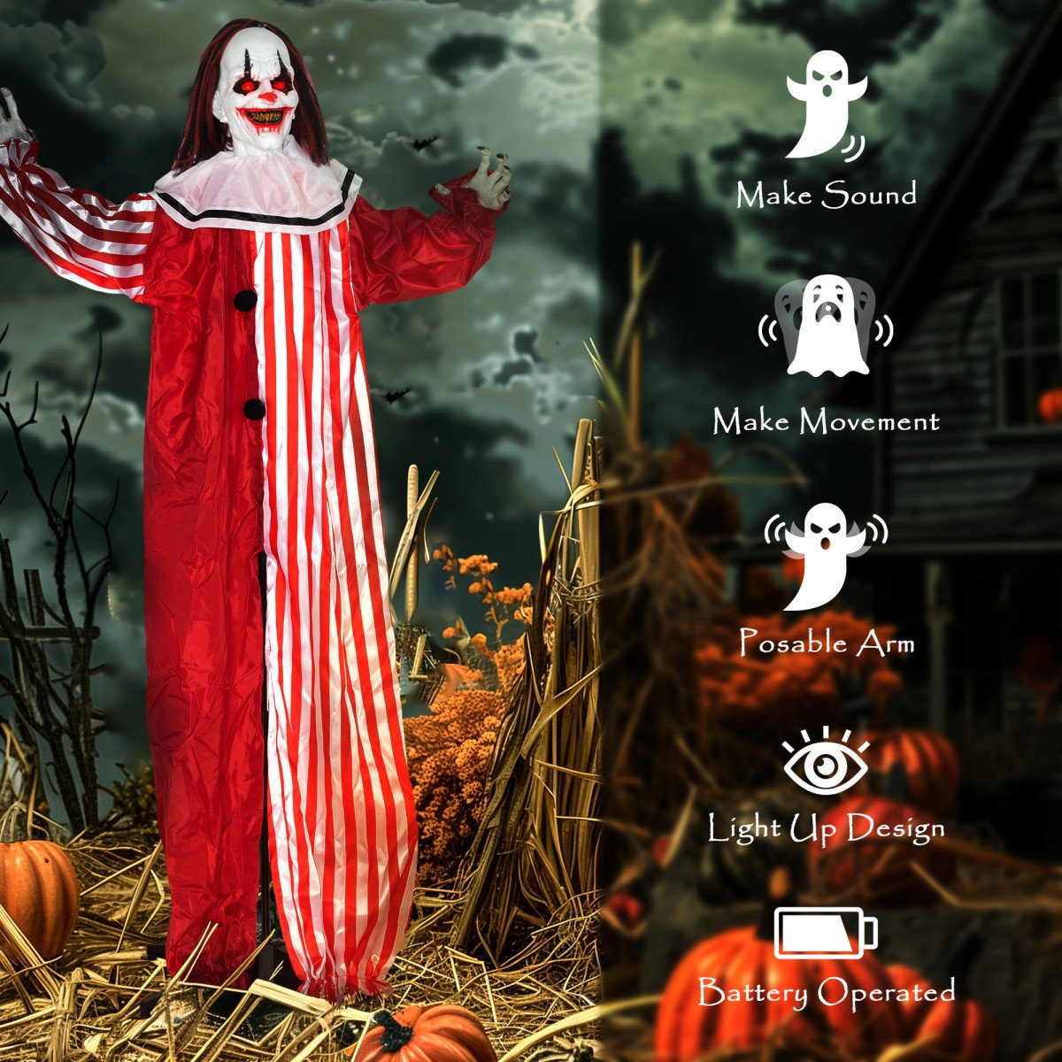 Life Size Halloween Animated Clown with Red Light Up Eyes, Sound Activated Scary Halloween Decorations, Battery Operated