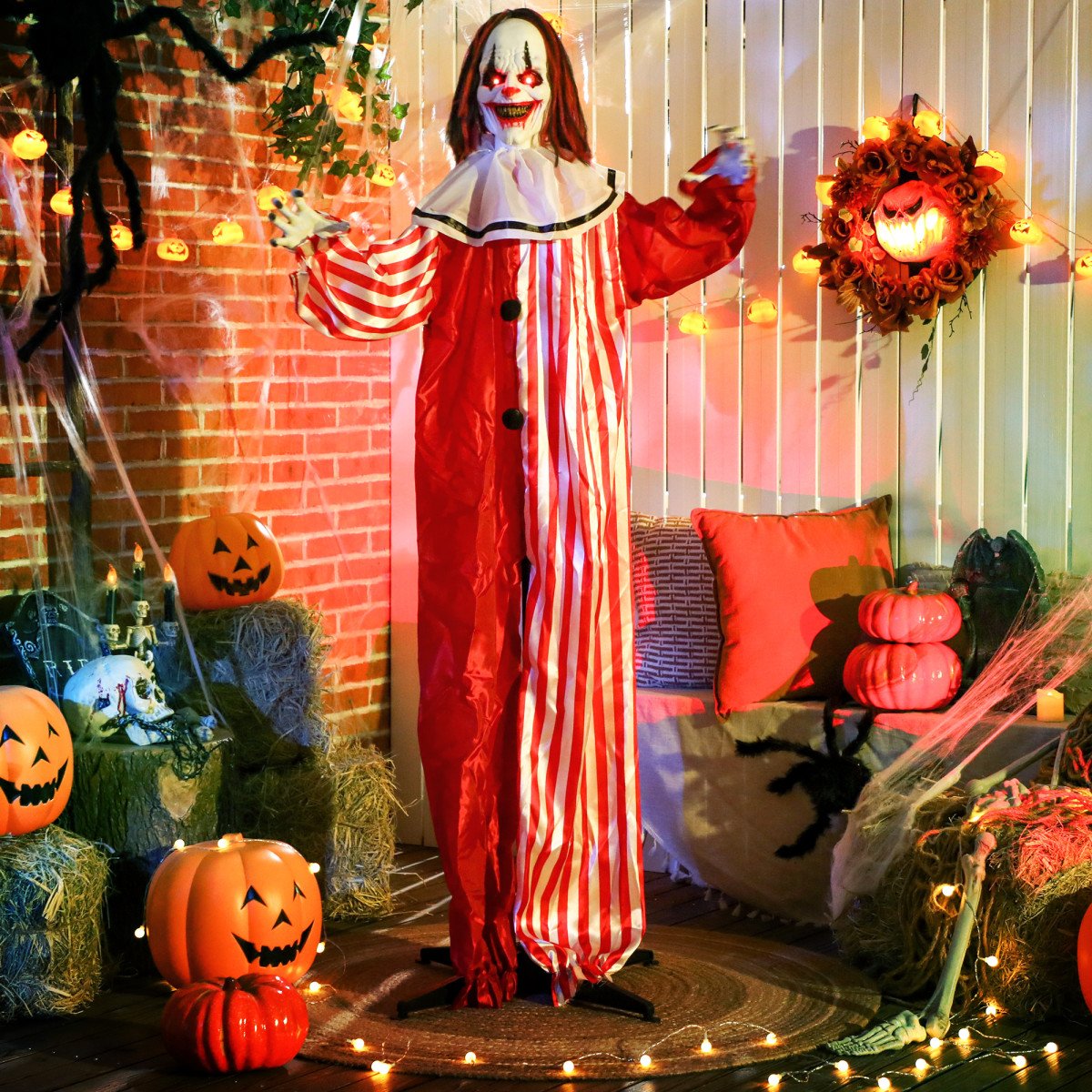Life Size Halloween Animated Clown with Red Light Up Eyes, Sound Activated Scary Halloween Decorations, Battery Operated