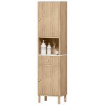 66" Tall Bathroom Cabinet, Freestanding Slim Bathroom Storage Cabinet with Silent-Glide Drawer, Adjustable Shelves, Oak