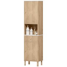66" Tall Bathroom Cabinet, Freestanding Slim Bathroom Storage Cabinet with Silent-Glide Drawer, Adjustable Shelves, Oak