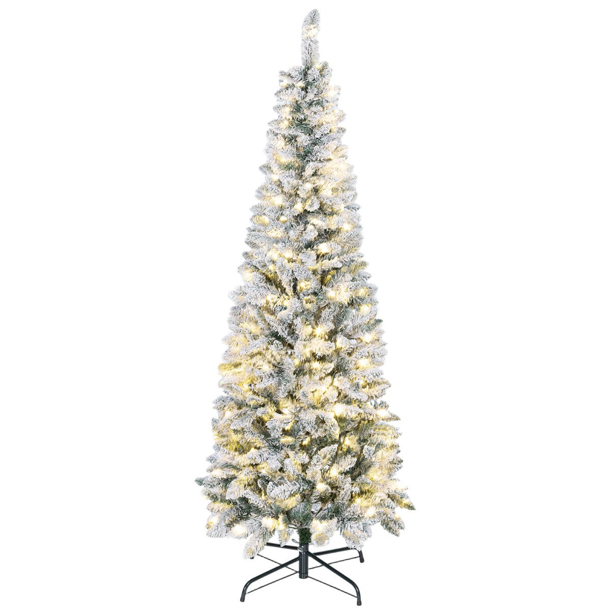 6ft Flocked Christmas Tree with Dual Colour LED Light, Pencil Hinged Xmas Tree with 11 Light Modes, Easy Assembly