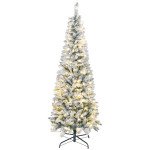 6ft Flocked Christmas Tree with Dual Colour LED Light, Pencil Hinged Xmas Tree with 11 Light Modes, Easy Assembly