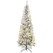 6ft Flocked Christmas Tree with Dual Colour LED Light, Pencil Hinged Xmas Tree with 11 Light Modes, Easy Assembly
