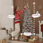 6ft Flocked Christmas Tree with Dual Colour LED Light, Pencil Hinged Xmas Tree with 11 Light Modes, Easy Assembly