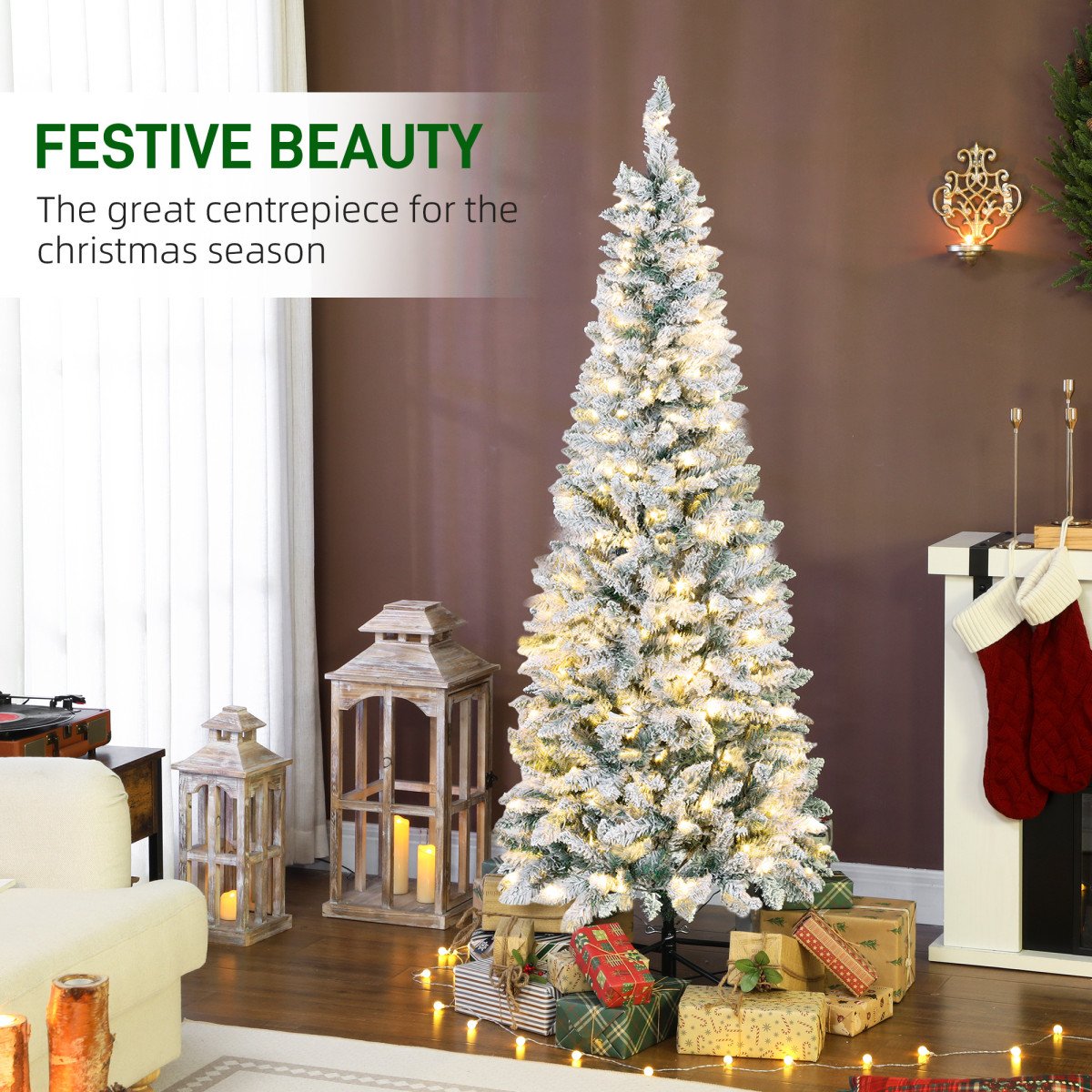 6ft Flocked Christmas Tree with Dual Colour LED Light, Pencil Hinged Xmas Tree with 11 Light Modes, Easy Assembly