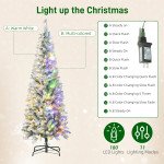6ft Flocked Christmas Tree with Dual Colour LED Light, Pencil Hinged Xmas Tree with 11 Light Modes, Easy Assembly