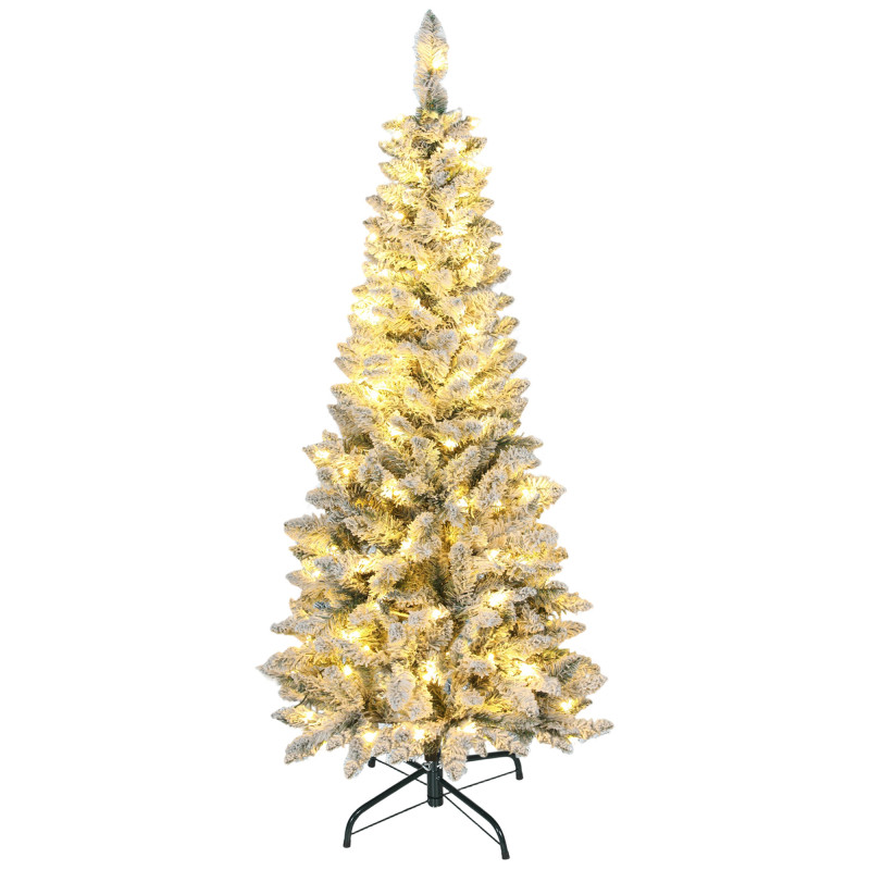 5ft Flocked Christmas Tree with Dual Colour LED Light, Pencil Hinged Xmas Tree with 11 Light Modes, Easy Assembly