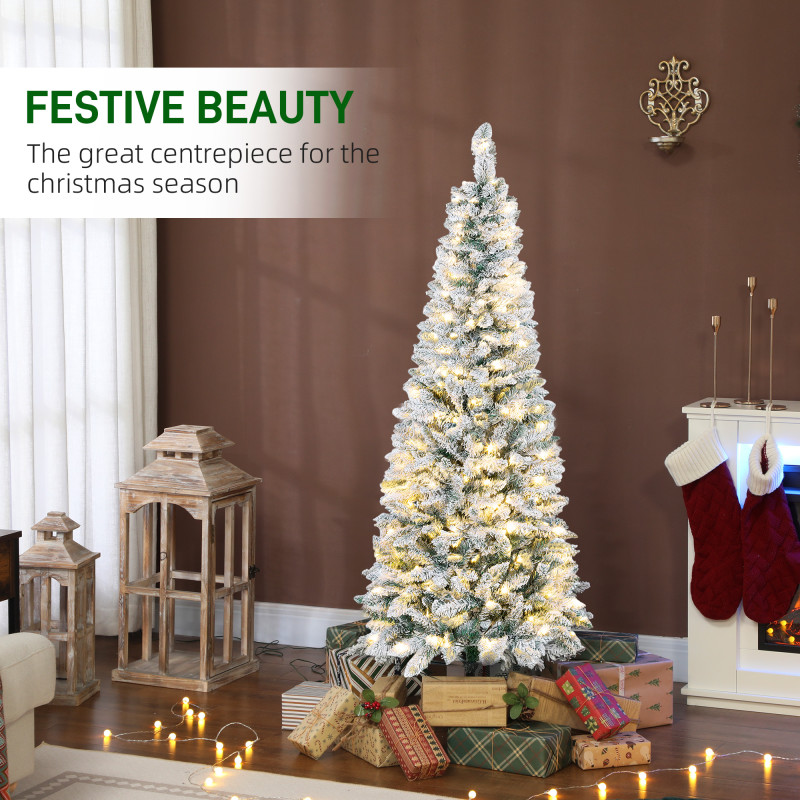 5ft Flocked Christmas Tree with Dual Colour LED Light, Pencil Hinged Xmas Tree with 11 Light Modes, Easy Assembly