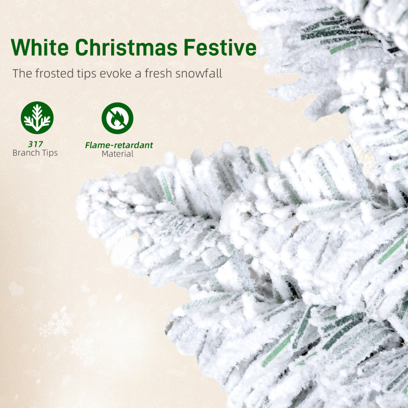 5ft Flocked Christmas Tree with Dual Colour LED Light, Pencil Hinged Xmas Tree with 11 Light Modes, Easy Assembly