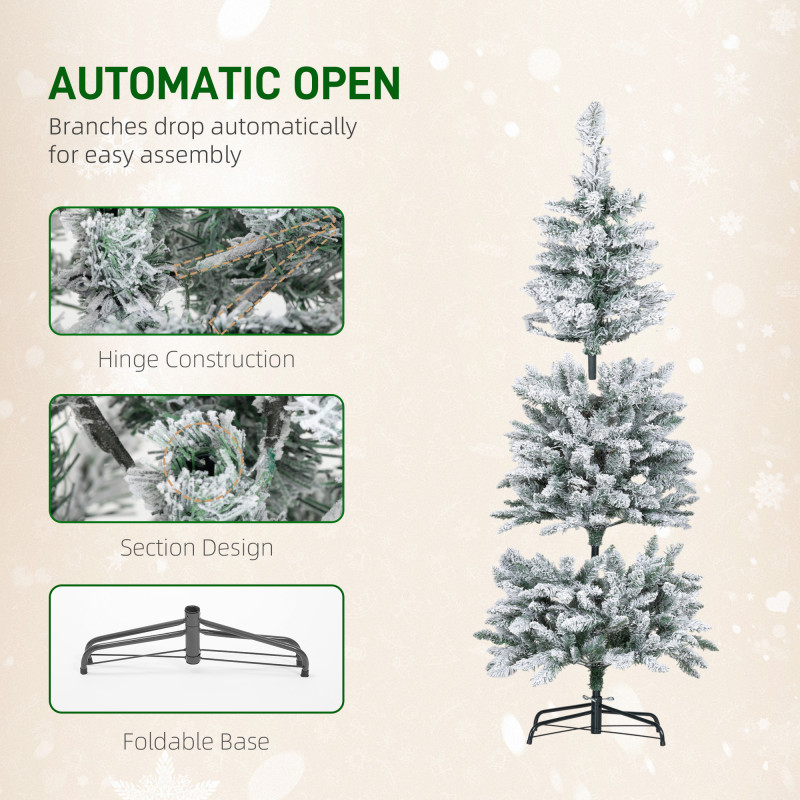 5ft Flocked Christmas Tree with Dual Colour LED Light, Pencil Hinged Xmas Tree with 11 Light Modes, Easy Assembly