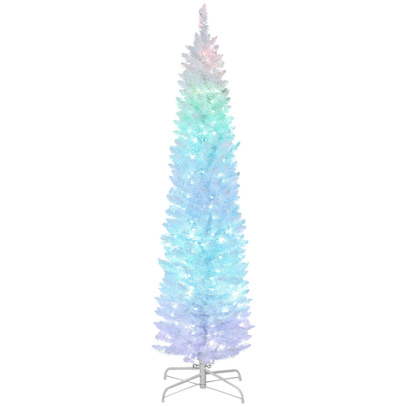6ft Christmas Tree with Colourful DIY Synchronized LEDs, Hinged Pencil Xmas Tree with Remote, Daily Timer, White