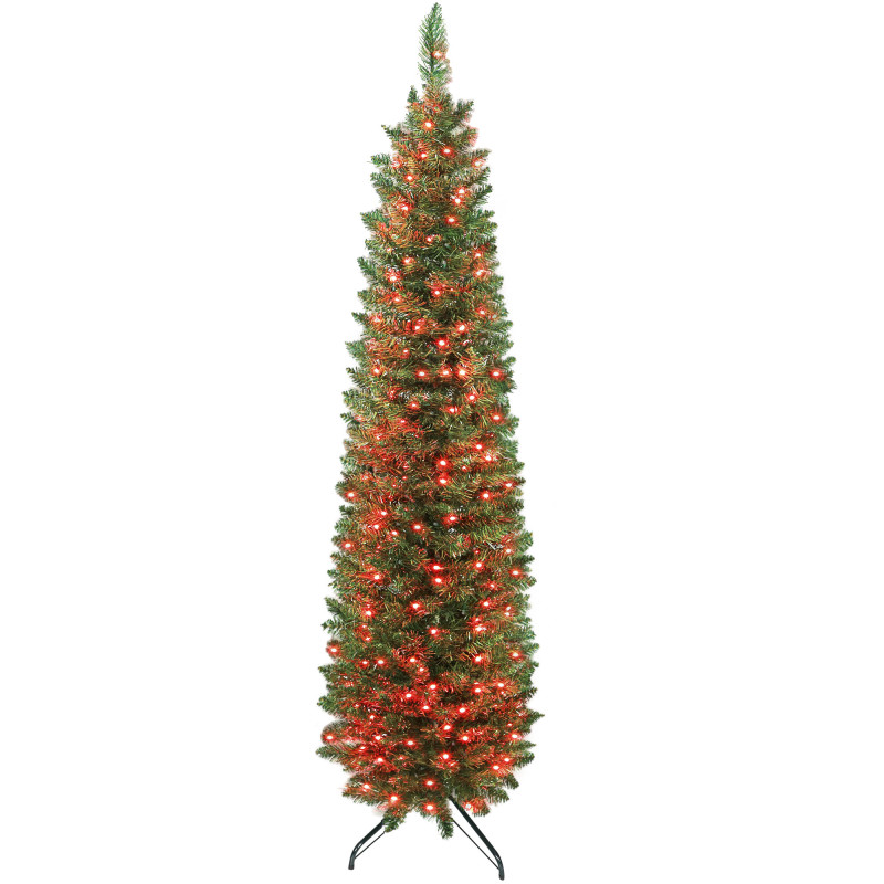 6ft Christmas Tree with Colourful DIY Synchronized LEDs, Hinged Pencil Xmas Tree with Remote, Daily Timer, Green