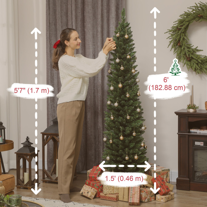 6ft Christmas Tree with Colourful DIY Synchronized LEDs, Hinged Pencil Xmas Tree with Remote, Daily Timer, Green