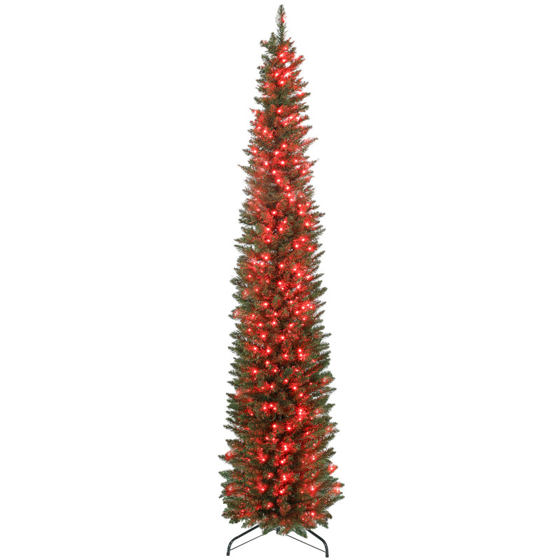 7.5ft Christmas Tree with Colourful DIY Synchronized LEDs, Hinged Pencil Xmas Tree with Remote, Daily Timer, Green
