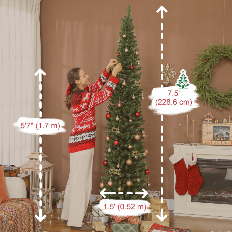 7.5ft Christmas Tree with Colourful DIY Synchronized LEDs, Hinged Pencil Xmas Tree with Remote, Daily Timer, Green